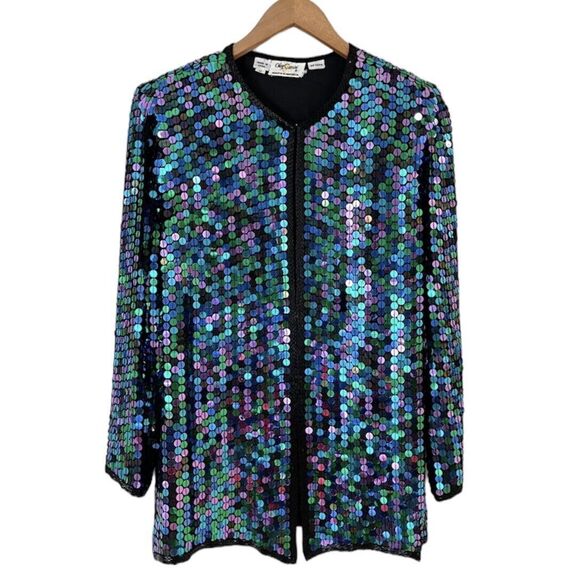VTG Oleg Cassini All Over Sequin Silk Jacket Glam Evening Colorful Oversized M - Picture 1 of 15